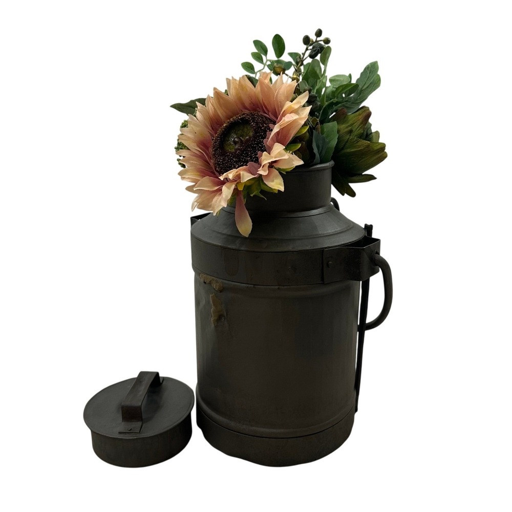 Rustic Metal Milk Can Vintage Farmhouse Decorative Floor Vase with Lid Gray 15in